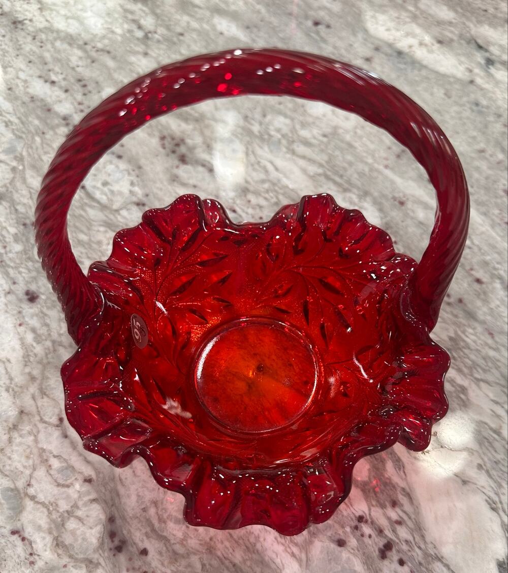 Fenton Ruby Red 95th Anniversary Ruffled Glass Basket – Leaf Pattern – Art Glass